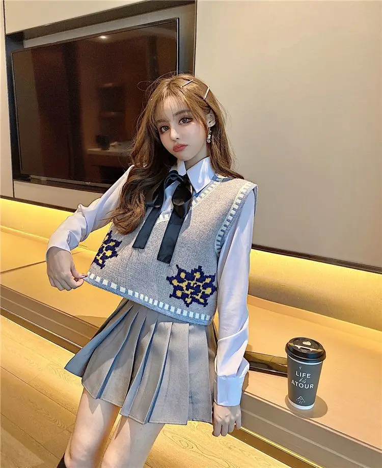 Japan Korea Style School Uniform Autumn And Winter Knitted Vest Pleated Skirt three-piece Fashion Suit Daily Jk School Uniform