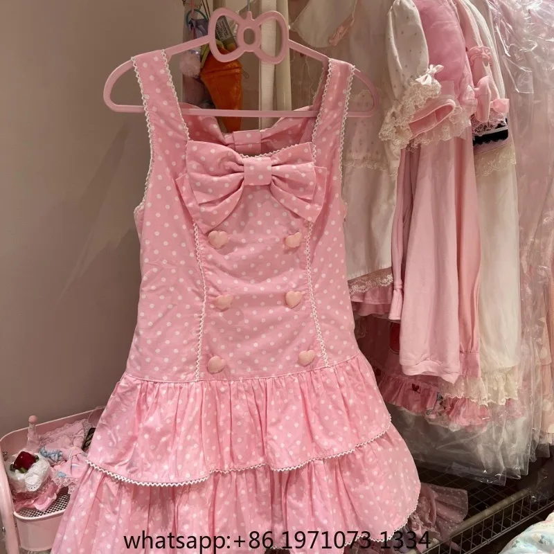 Sweet Pink Dress for Women 2025 Vestidos De Mujer A-line Summer Cute Robe Femme Bow Polka Dot Double-breasted Japanese Dresses