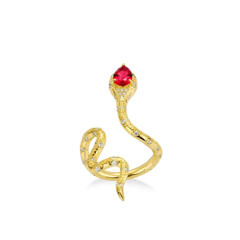 

BELLUX 925 Silver Gold Plated Synthetic Zircon Pear Shaped Ruby God Snake Unique Design Ring