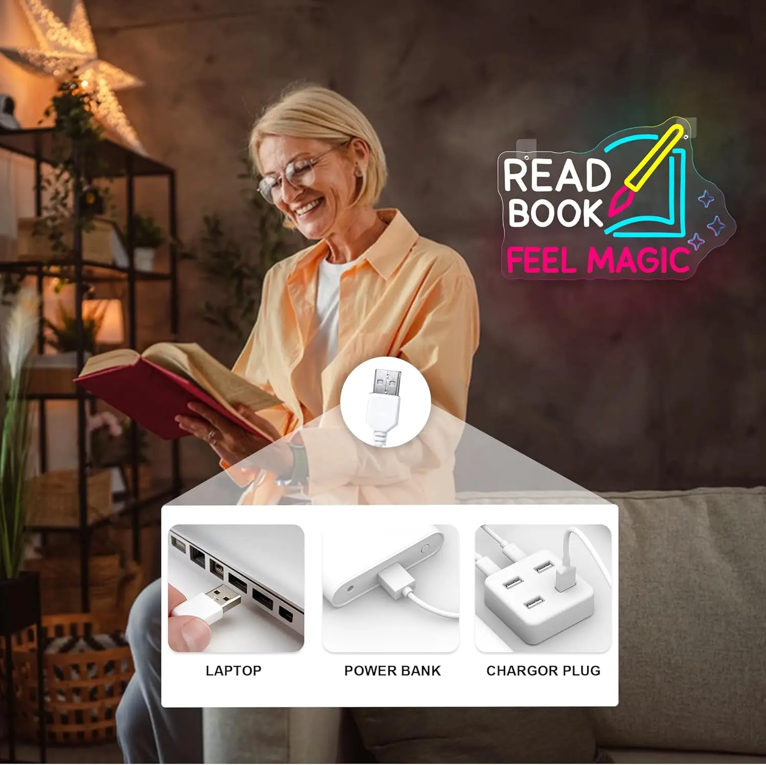 Read Book Feel Magic Neon Sign LED Neon Light Dimmable for Library Classroom Reading Room Bookstore Bookish Wall Decor Kids Gift