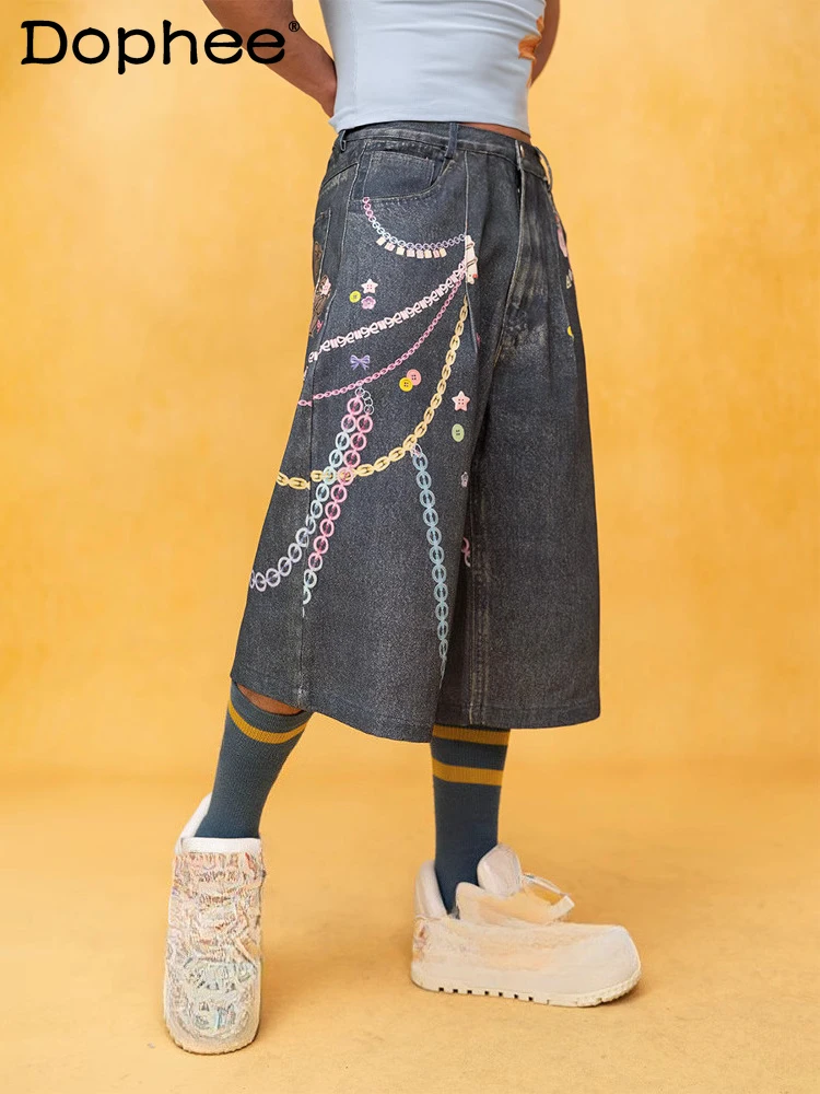 

Men's Women's 2025 Four-season Wear New Chain Printing Cropped Pants Loose Cotton Wide-leg Straight Pants Casual Jeans Shorts