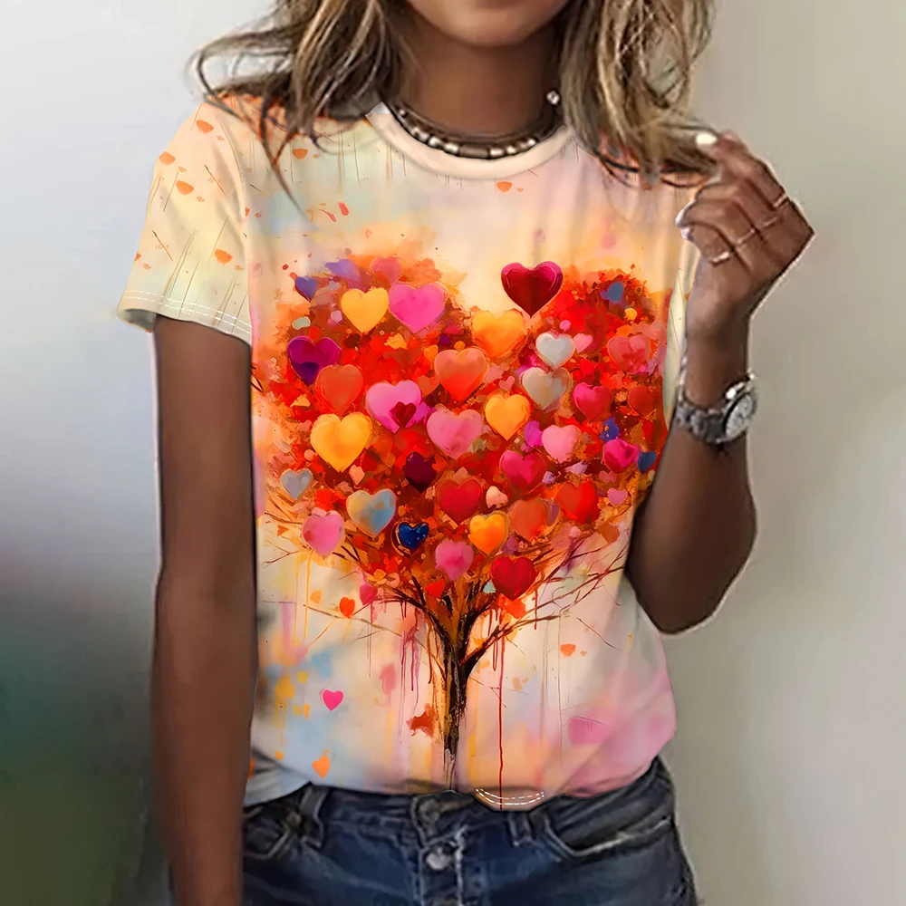 Camiseta con estampado de amor de flores en 3D para mujer, Tops de manga corta para niña, Jersey suelto informal con cuello redo