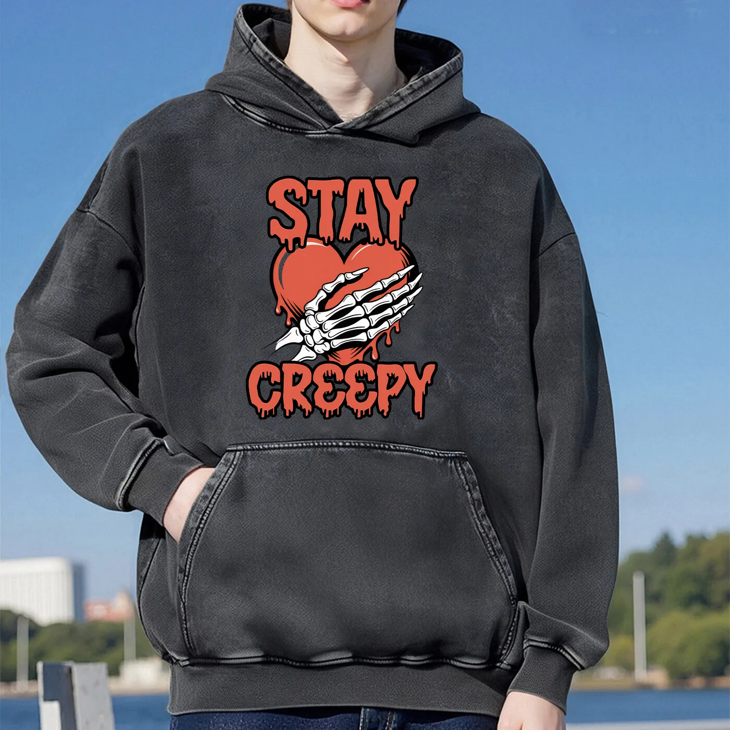 

Толстовка с капюшоном Stay Creepy в стиле ретро, унисекс, повседневный спортивный стиль, изготовленный из чистого хлопка, уличный стиль, 400 г