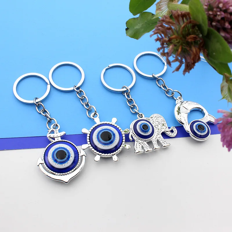 Classic Turkish Lucky Blue Evil Eye Anchor Rudder Elephant Dolphin Key Chain Women Men Car Stainless Steel Personalized Gift