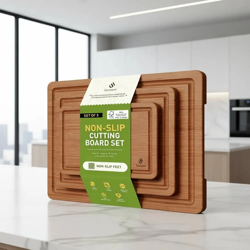 3-Piece Bamboo Cutting Board Set: Non-Slip Feet, Over Sink, Thick Wood, Large & Small Boards for Kitchen Use