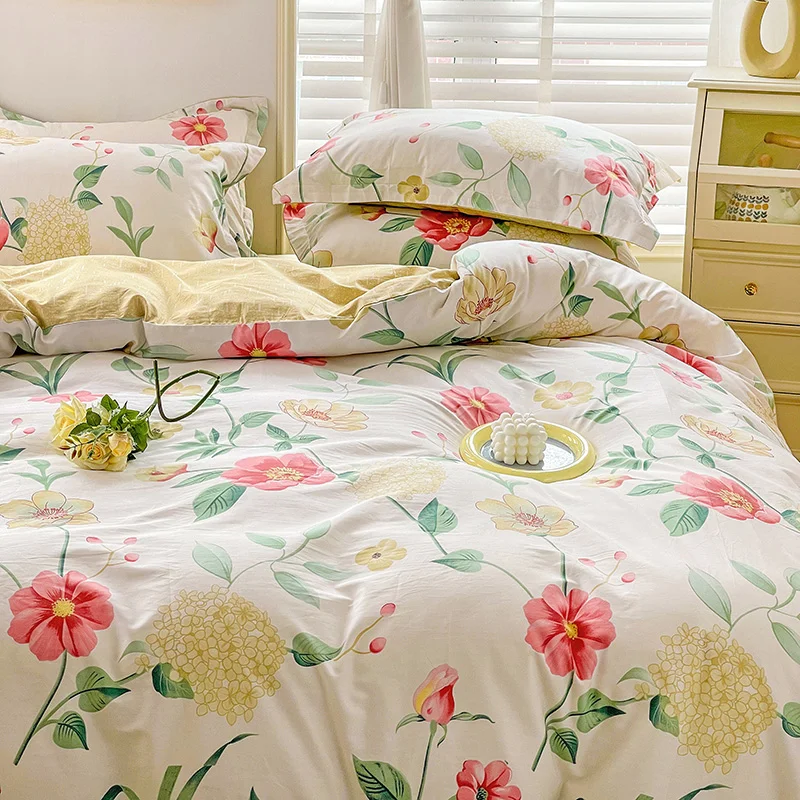 Vintage Chic Style Flower Leaf Pattern Duvet Cover Set for Girls Boys Cotton Soft Bedding Zipper Duvet Cover with Pillowcases