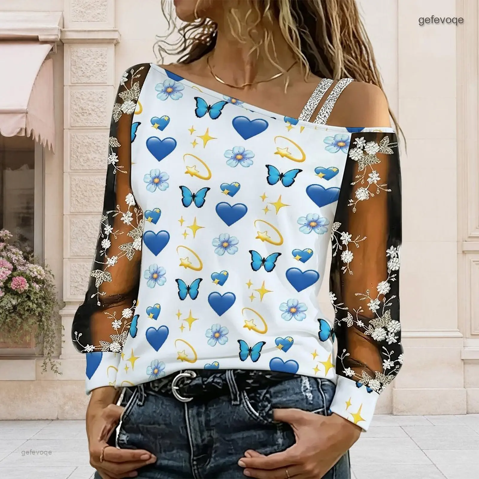 Women Off Shoulder Blouse Asymmetric One Shoulder Top Lace Floral Mesh Long Sleeve Sling Detail Loose Casual T Shirt
