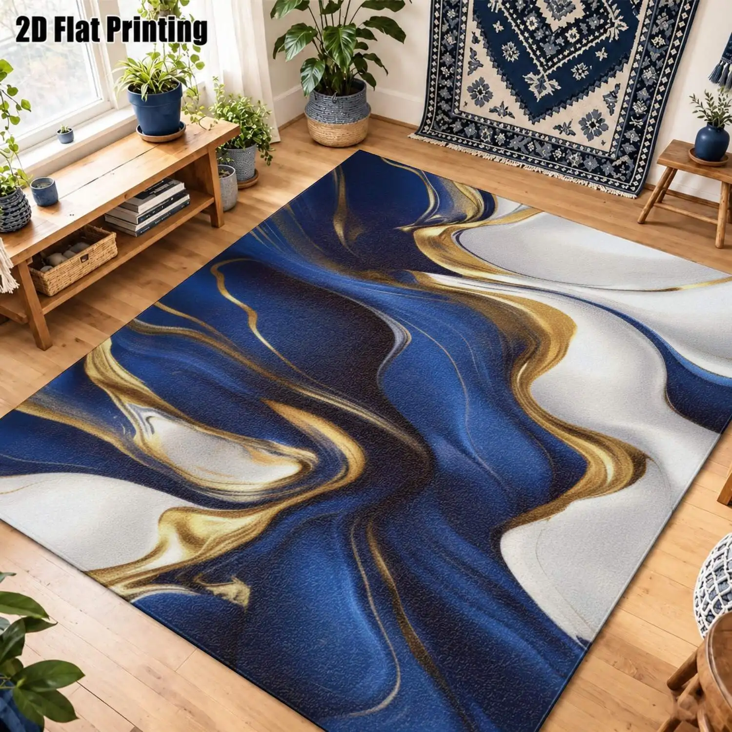 1Pc 2D Printed Carpet: Blue, White & Gold Abstract Art Nordic/Instagram Style Modern Minimalist Geometric Striped Floor Mat, Multi-Size, Machine Washable, Ideal for Entrance, Dining, Foyer, Living Room & Bedroom Home Decor
