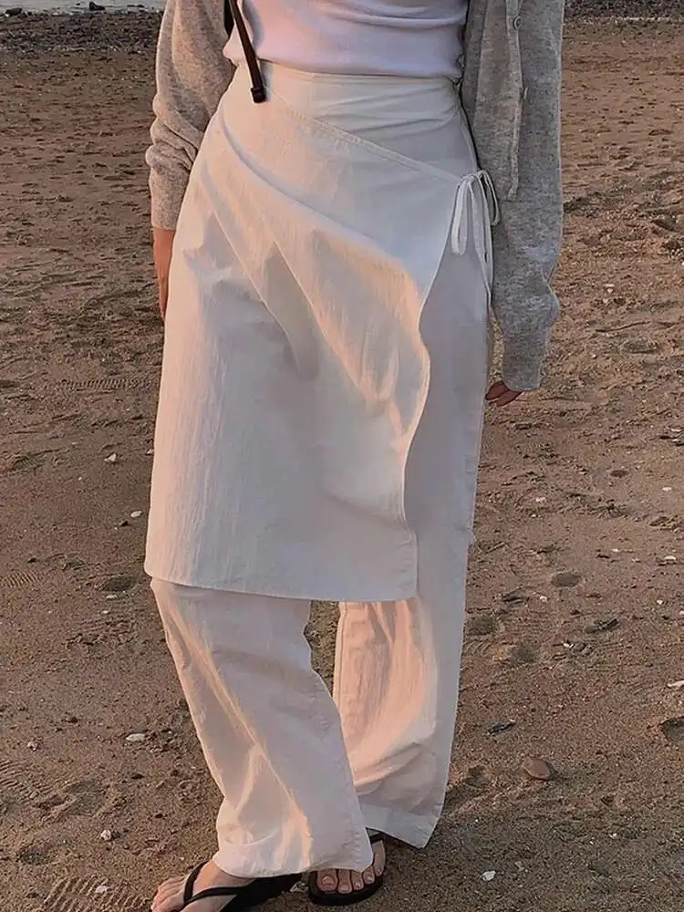 

Korean Chic Fake Two-piece Strap High Waist Versatile Wrap Around Apron Casual Pants For Women Spring Summer