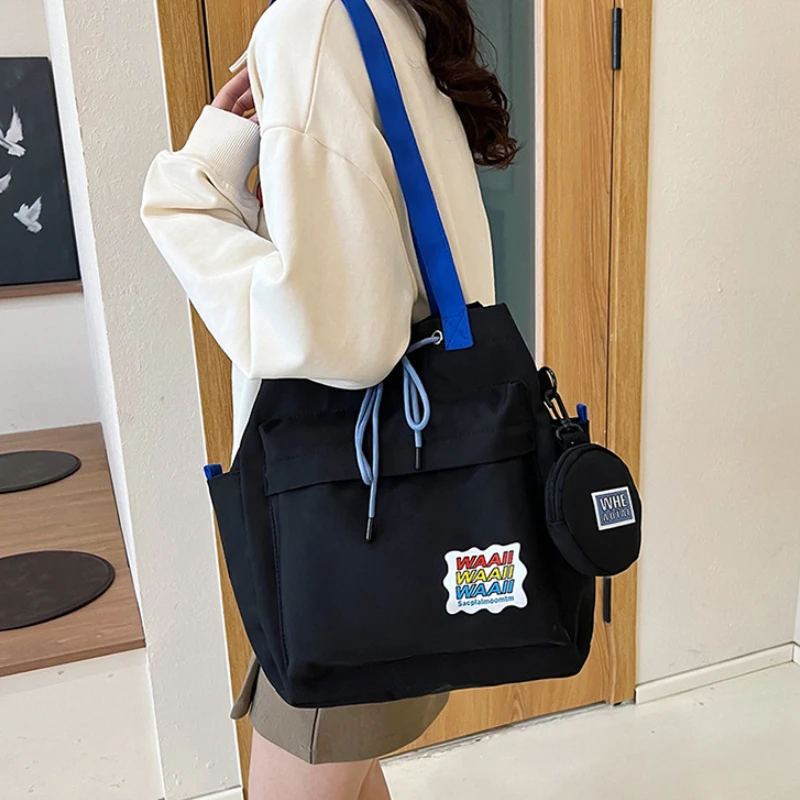 Shoulder Bag Preppy Style Small Fresh Sweet Girl Large Capacity Student Casual Commuting Solid Color Drawstring Zipper Storage