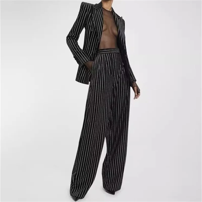 Women's pants Spring 2025 new shiny rhinestone decorated women's straight leg pants gold velvet slim fit striped suit pants y2k