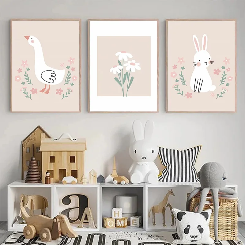 Cartoon Rabbit Goose Sheep Flower Nursery Wall Art Canvas Painting Nordic Girl Posters Prints Pictures for Baby Kids Room Decor