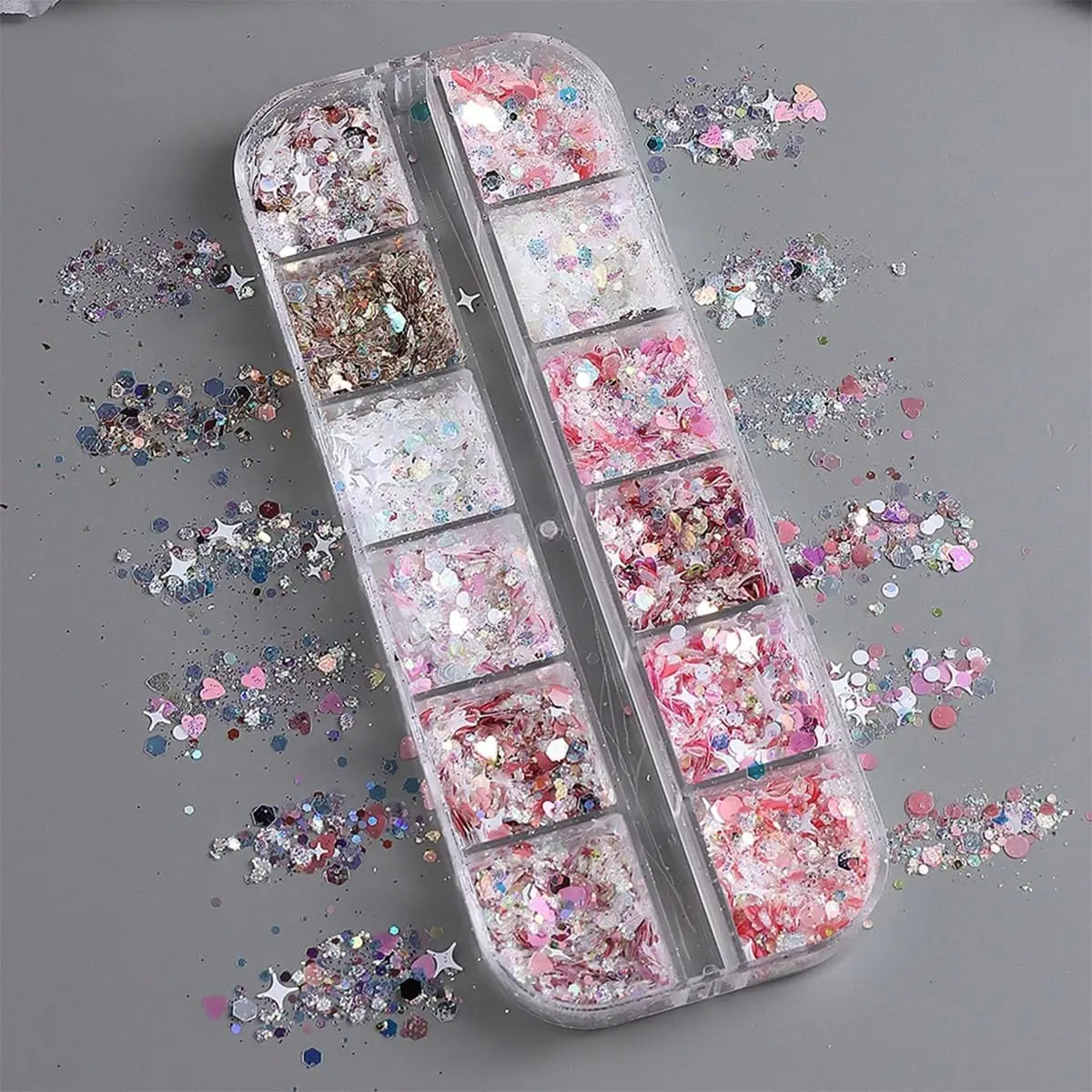 12 griglie Starburst Rosa Fine Shimmer Nail Art Paillettes Ultra-sottile Misto Punti d'amore Scintillanti Fiocchi per unghie Fette Accessorio per manicure fai da te