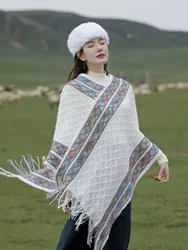 Poncho de cachemira de imitación para mujer, abrigos tejidos de estilo étnico, chal con borlas a rayas, moda mongol cálida, otoño e invierno