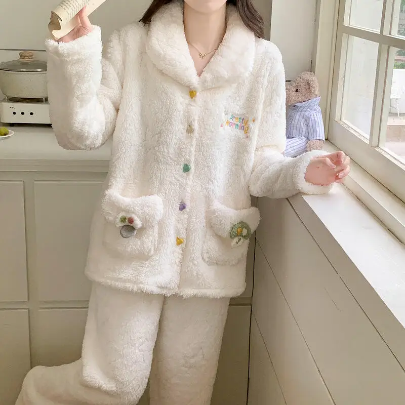 

Women's Coral Fleece Pajamas Sleepcoat Female Sweet Autumn Winter Homewear Thicken Flannel Loungewear Home Wear Girl's Two-Piece