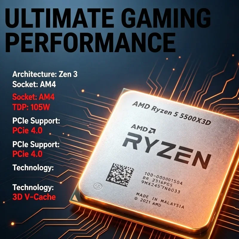 Ryzen 5 5500X3D Processor AMD R5 5500X3D CPU 6 Cores 12 Threads 4.0GHz PCIe 4.0 AM4