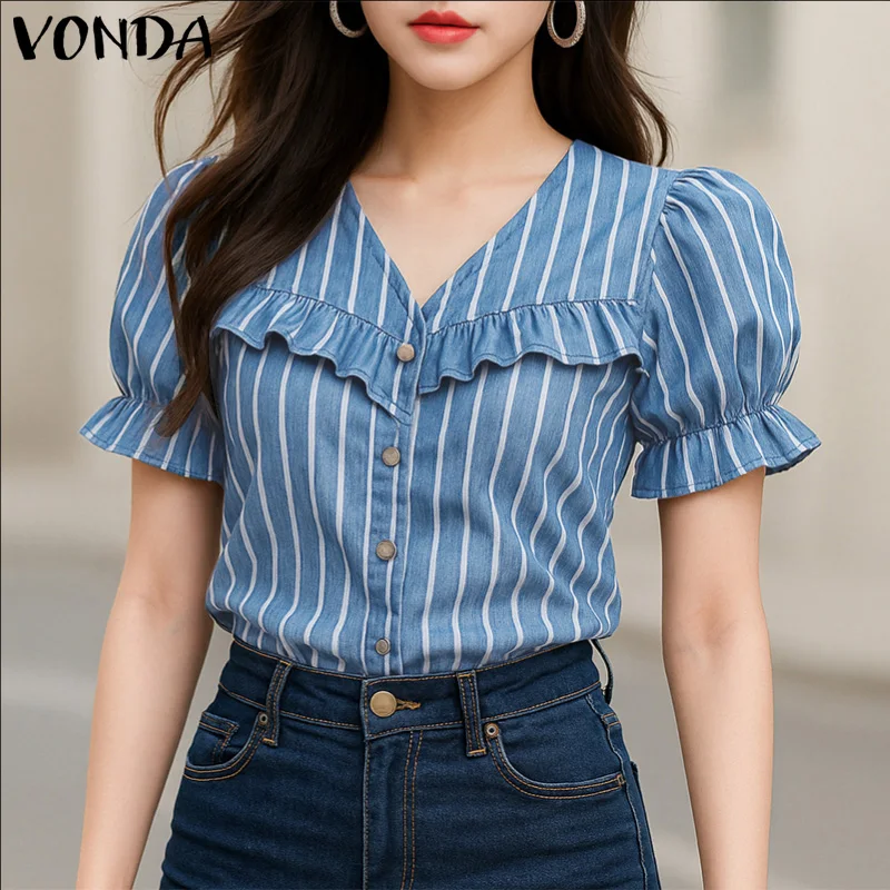 VONDA Summer Shirts Women Short Sleeve Striped Blouses 2025 Fashion Casual Puff Sleeve Ruffled Print Tops V-Neck Elegant Blusas