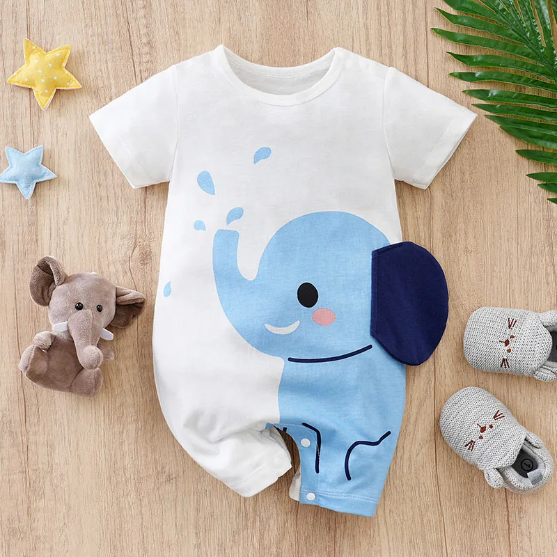 Baby Boys Girls Romper Newborn 0-18 Months, Cute Blue Elephant Short Sleeve Bodysuit, Fashion Casual Summer Jumpsuit for Infants