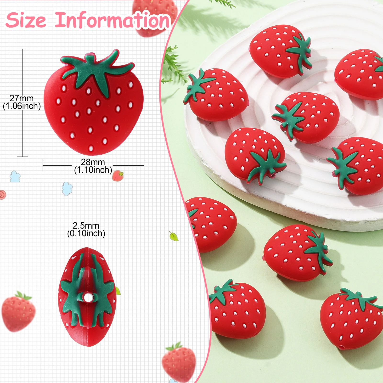 PandaHall 10 Stück rote Erdbeer-Silikonperlen, Gummi-Frucht-Abstandshalterperlen für Stifte, DIY-Armbänder, Halsketten, Bastelarbeiten – Detail 2