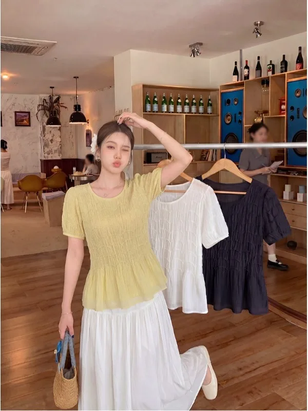 

Unique Beautiful round Neck Short Sleeve Chiffon Shirt Summer New plus Size Women's Fashion French Style Top Regular Length