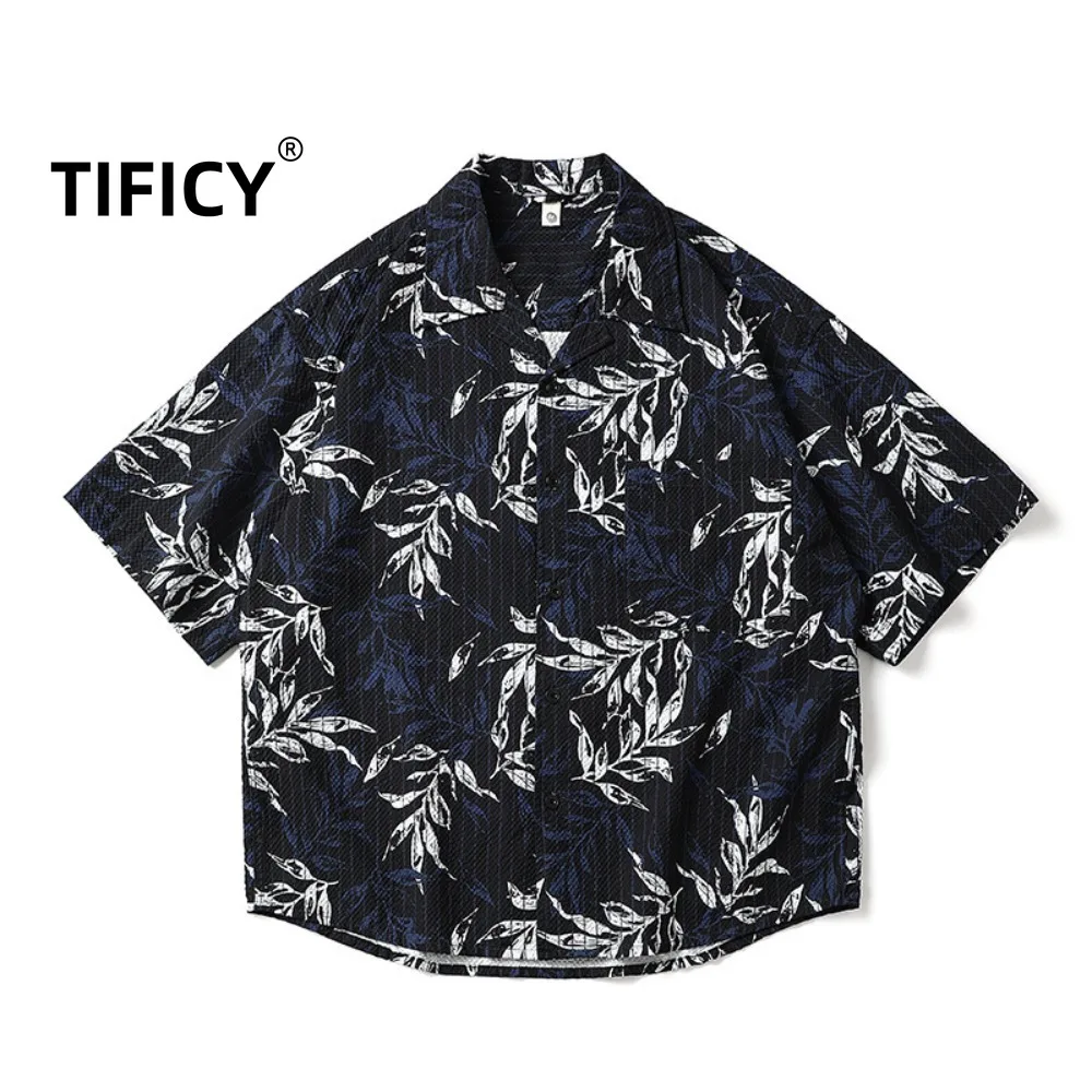 Hawaiian Style Cuban Collar Short Sleeved Shirt Men Loose Foam Gauze Five Quarter Sleeved Floral Streetwear Casual Shirt