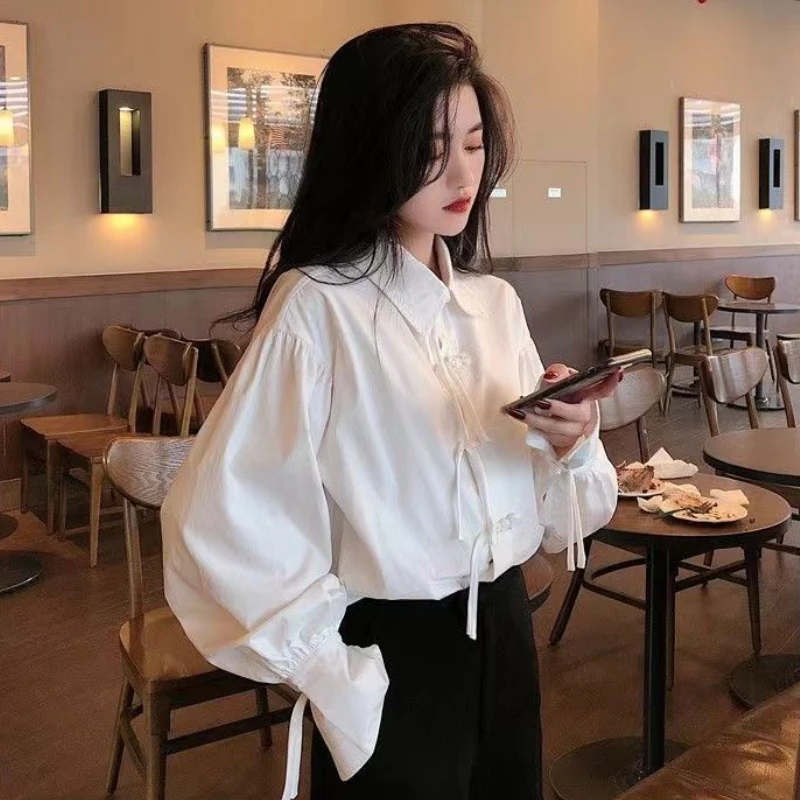 Korean Style White Shirts for Women Loose Vintage Button High Street Fashion Graceful Lantern Sleeve Tops BF Lovely Youth Chic