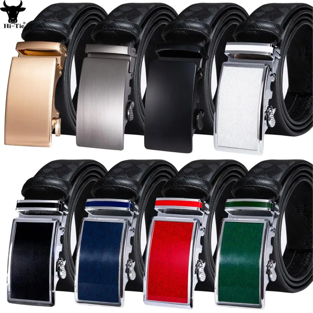 Hi-Tie Formal Black Leather Men's Belts For Men Designer Smooth Automatic Buckle Ratchet Sliding Waist Straps Business Daily Big