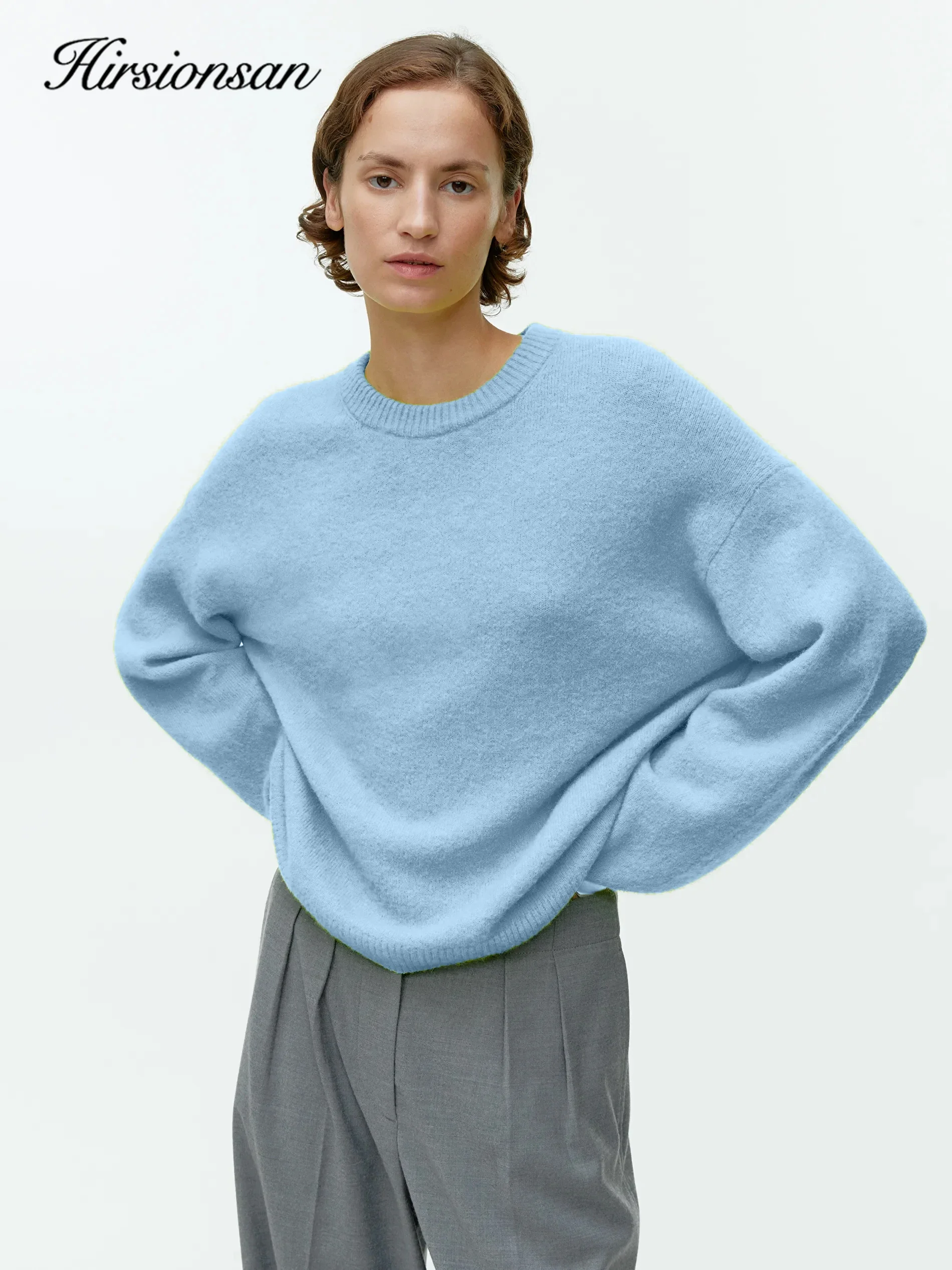 Hirsionsan Basic O Neck Lantern Sleeve Sweater Women 2024 Oversized Pink Blue Knitted Pullovers Female Casual Thick Warm Tops