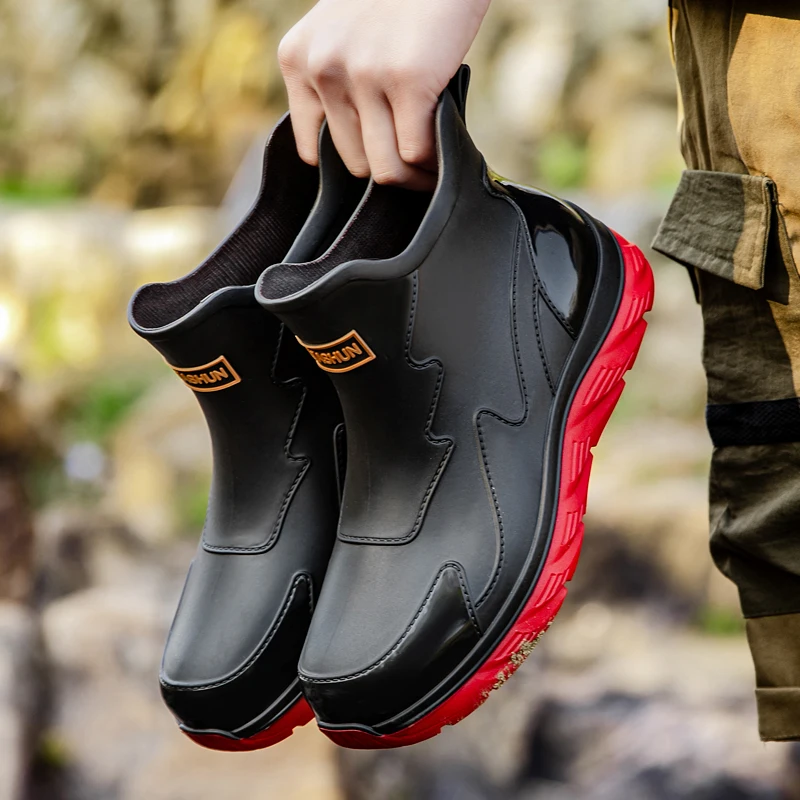 Men Short Tube Black Waterproof Rain Boots, Non-slip Wearproof Outdoor Fishing Casual Work Water Shoes