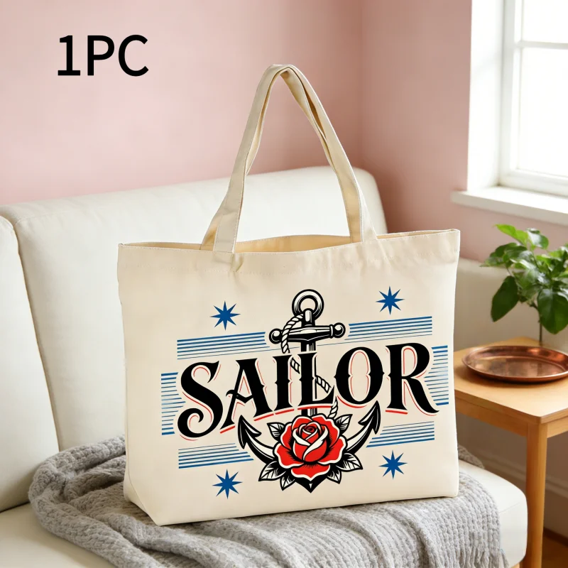 

1pc Sailor Element Canvas Bag Portable Shoulder Back Handheld Canvas Bag Daily Shopping Bag