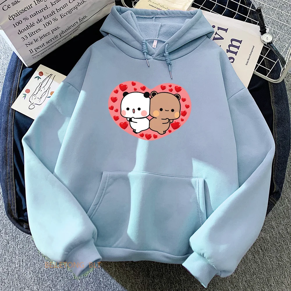 Panda Beruang Bubu Dudu jantung kaus grafis Kawaii kartun grafis cetak Hoodies lengan panjang wanita/pria pullover musim dingin anak perempuan