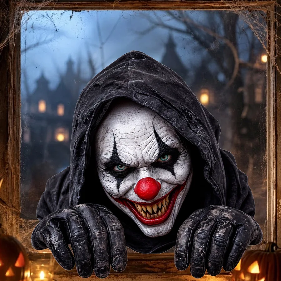 Pegatinas Decorativas 3D Realistas de Halloween con Diseño de Payaso Rompiendo la Ventana, Horripilantes y Emocionantes