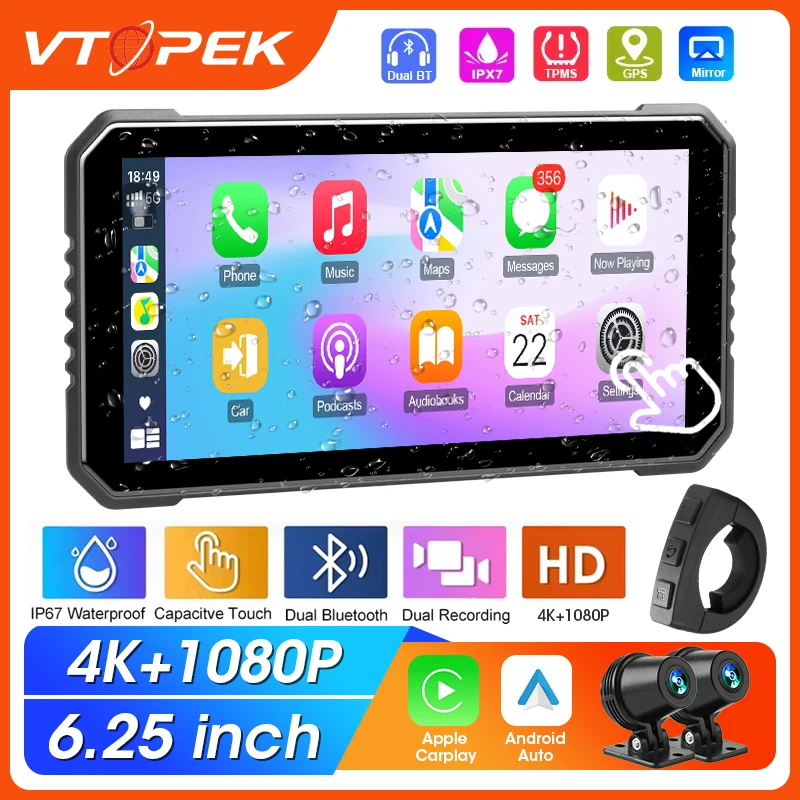 

6.25 inch 4K Moto DVR Carplay Motorcycle GPS Navigation Wireless CarPlay Android Auto Waterproof Screen Bluetooth Drive Recorder