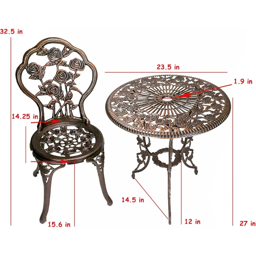 طقم بيسترو روز مكون من 3 قطع مع طاولة علوية من الألومنيوم المصبوب مقاس 23.5 بوصة