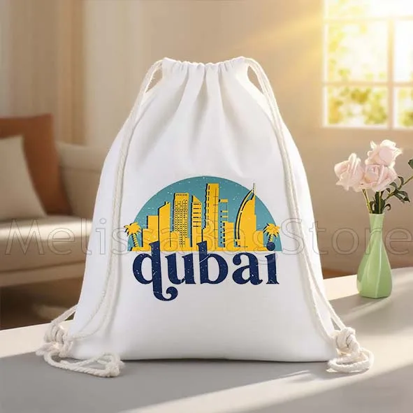London Dubai Paris New York Skyline Cityscape Art Canvas Drawstring Bags Soccer Backpack Gym Sackpack Gift String Bag for Sports