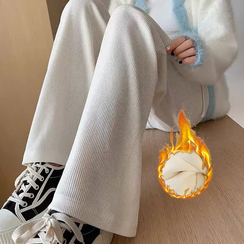 Imagen 2 del producto Pantalones de pierna ancha de lana para mujer, pantalones largos de cintura alta de invierno, sueltos e informales