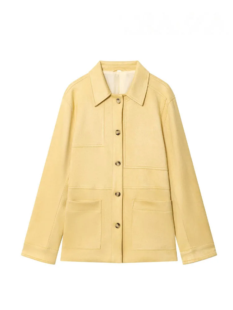 HH Women Summer Casual Long Sleeve Loose Jackets Yellow Turn-Down Collar Single-Breasted Female Fashion Pockets Coats Trendy