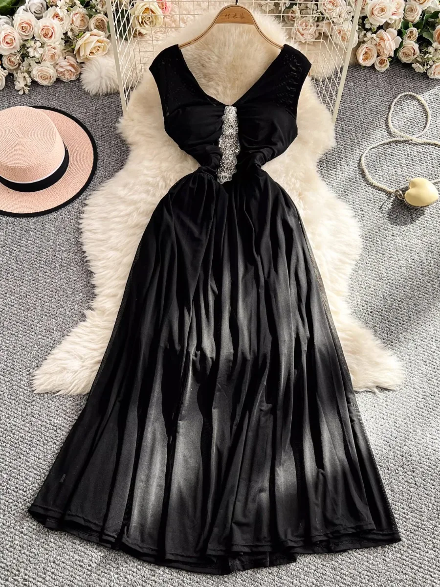 

Foamlina Bead Studded Diamond Design V-Neck Sleeveless Dress French Spice Female Sexy Slim Skinny Long Gown Dresses