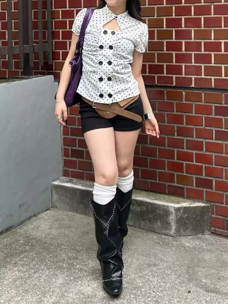 Summer Women Y2K Streetwear Polka Dot Print Double Breasted Keyhole Cutout Ruched Slim Fit Stand Collar Puff Short Sleeve Blouse
