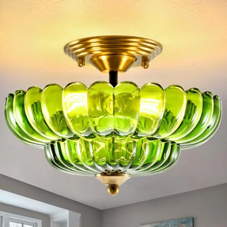 

Modern Semi Flush Mount Ceiling Light 3-Light Black Close to Ceiling Light Fixture with Green Glass Shade for Living Room Entry