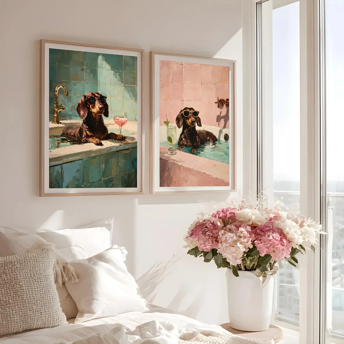 2pcs frameless Canvas Painting 2pcs Funny Dachshund Bath Wall Art Set Sausage Dog Print for Bathroom Dachshund in Bathtub Dog Co