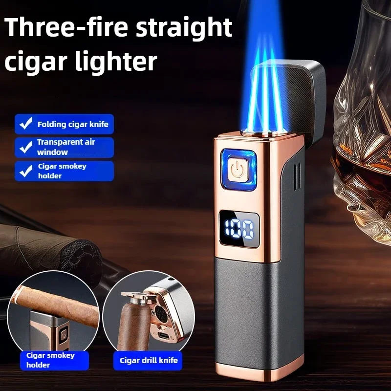 Three Direct Charging Power Display with Cigar Punch and Windproof Cigar Special Gas and Electric Integrated Portable Lighter