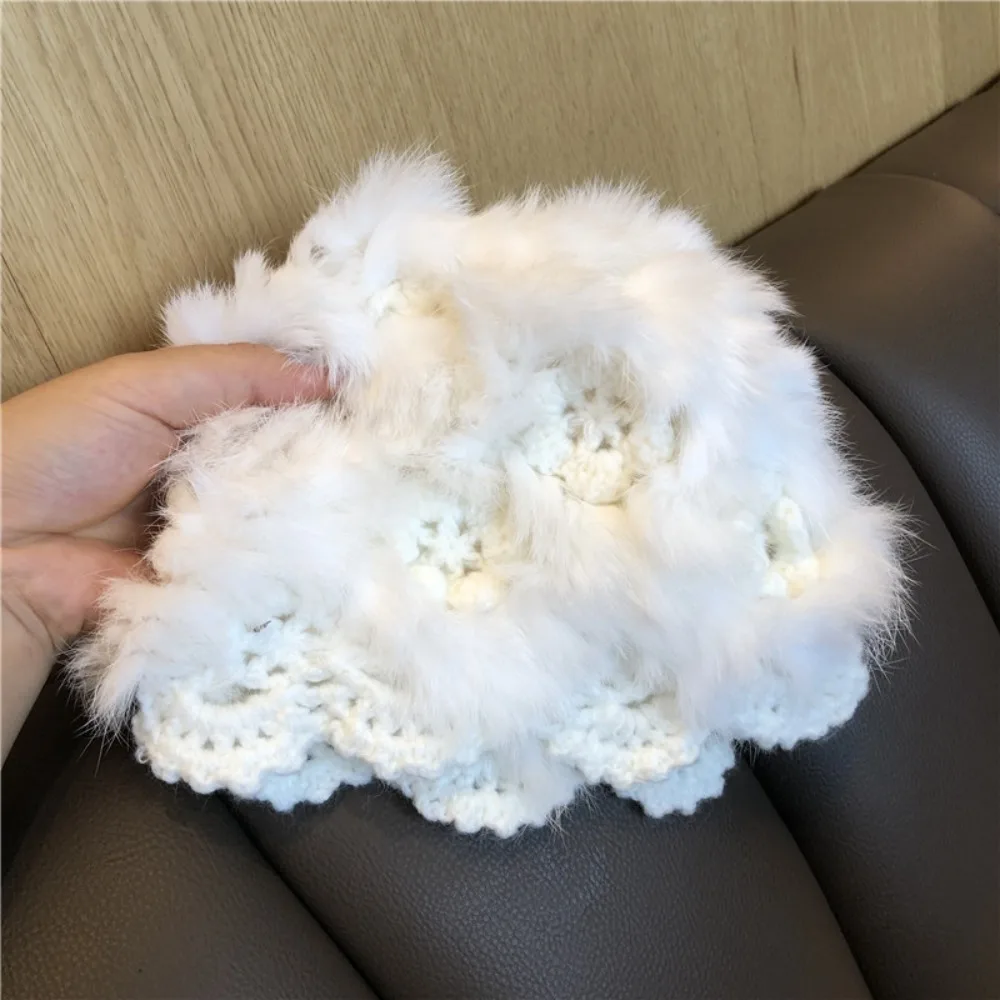 Fashionable Multicolor Crochet Rabbit Fur Hat Handmade White Plush Toe Cap Windproof Warm Knitted Hat Outdoor