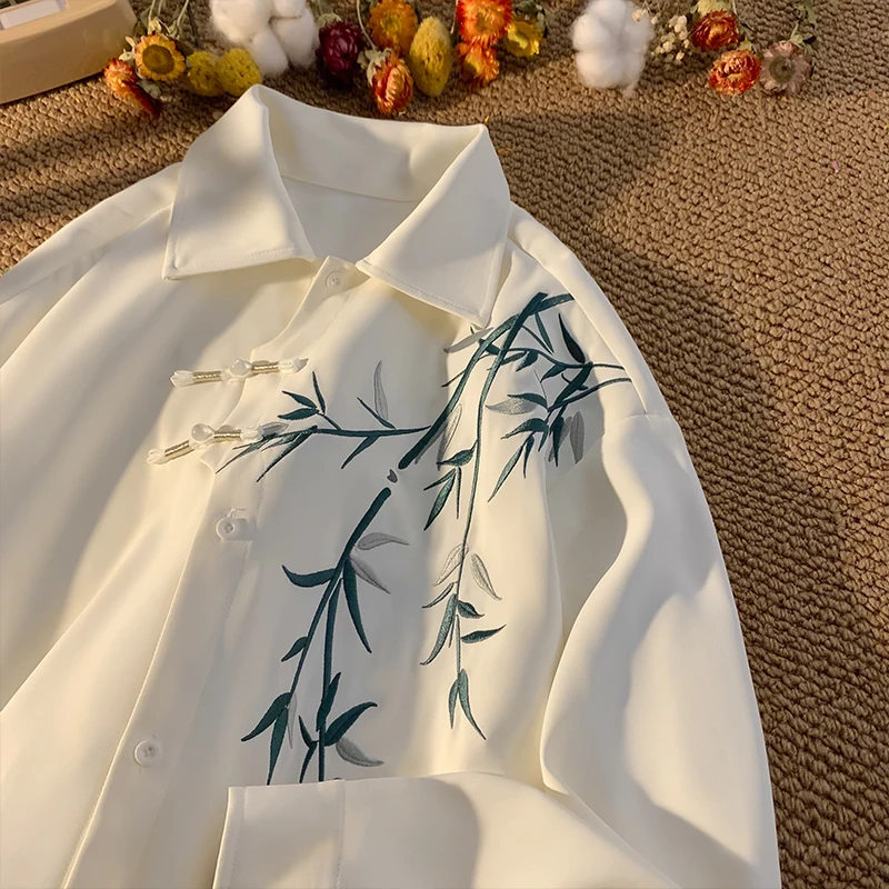 New Asian Style Shirt Men's White Shirt Leaf Embroidery Shirt Plate Button Design Traditional Clothing Elements