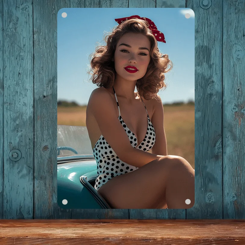 Vintage Retro Lady Portrait Metal Wall Art 8x12 Inch Iron Swimsuit Red Polka Dot Headband Mid Century Decor