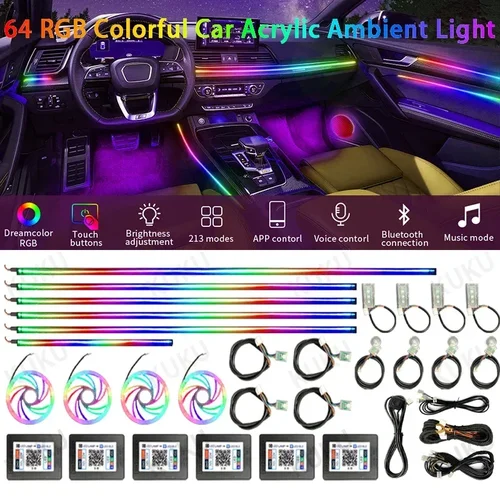 Lámparas LED de ambiente acrílicas para coche 22 en 1, luces de ambiente coloridas universales, tira de neón Interior para coche, Control por aplicación, iluminación RGB 64