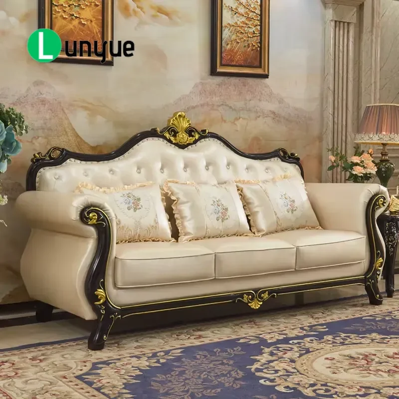 European American Style U Shaped Leather Sofa Set Carved Solid Wood Legs Durable Furniture for Living Room Large Small Sizes