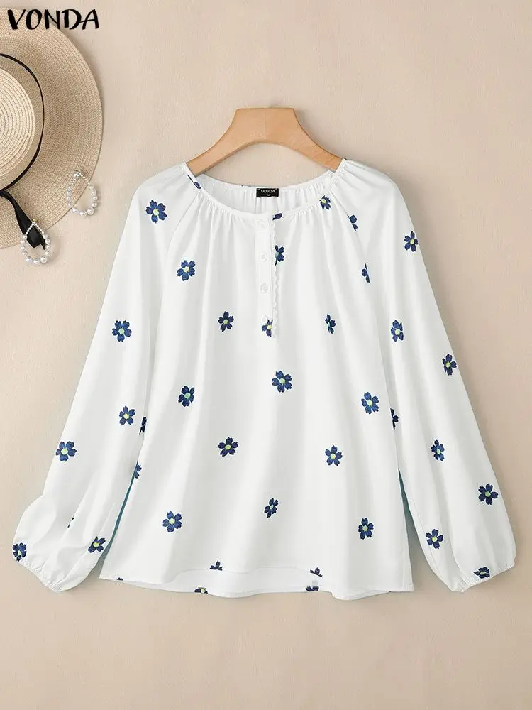 2026 VONDA ボヘミアン女性花柄ブラウス春のファッションシャツロングパフスリーブ O ネックカジュアルチュニックトップス Blusas Femininas