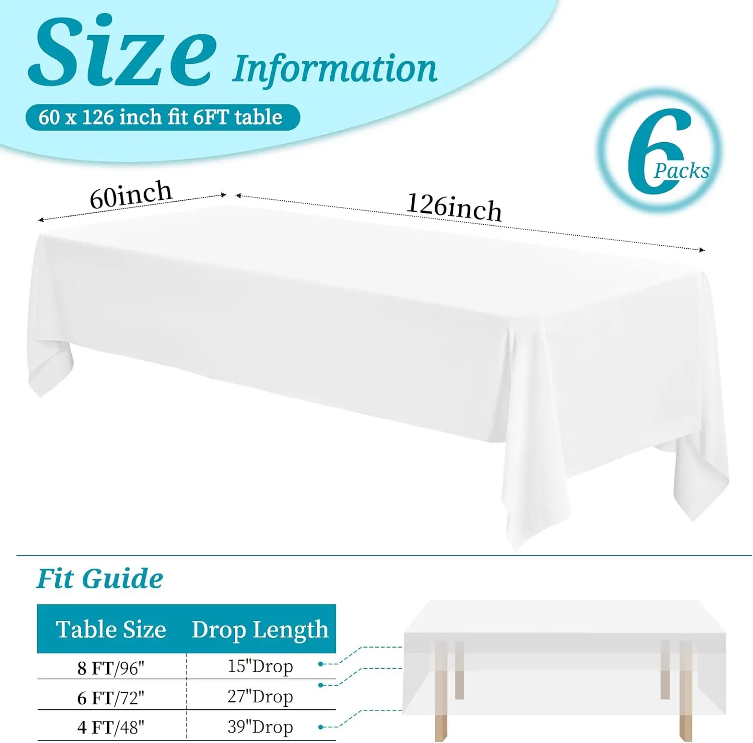 6 Pack Tablecloth 60 x 126 inch Polyester Table Cloth for 8 Foot Rectangle Tables,Stain and Wrinkle Resistant Washable Fabric