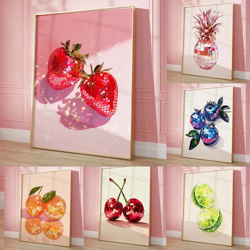 Fashion Pink Disco Lemon Grape Apple Cherry Strawberry Poster Print Fashion Wall Art Picture Decor Frameless Canvas Painting
